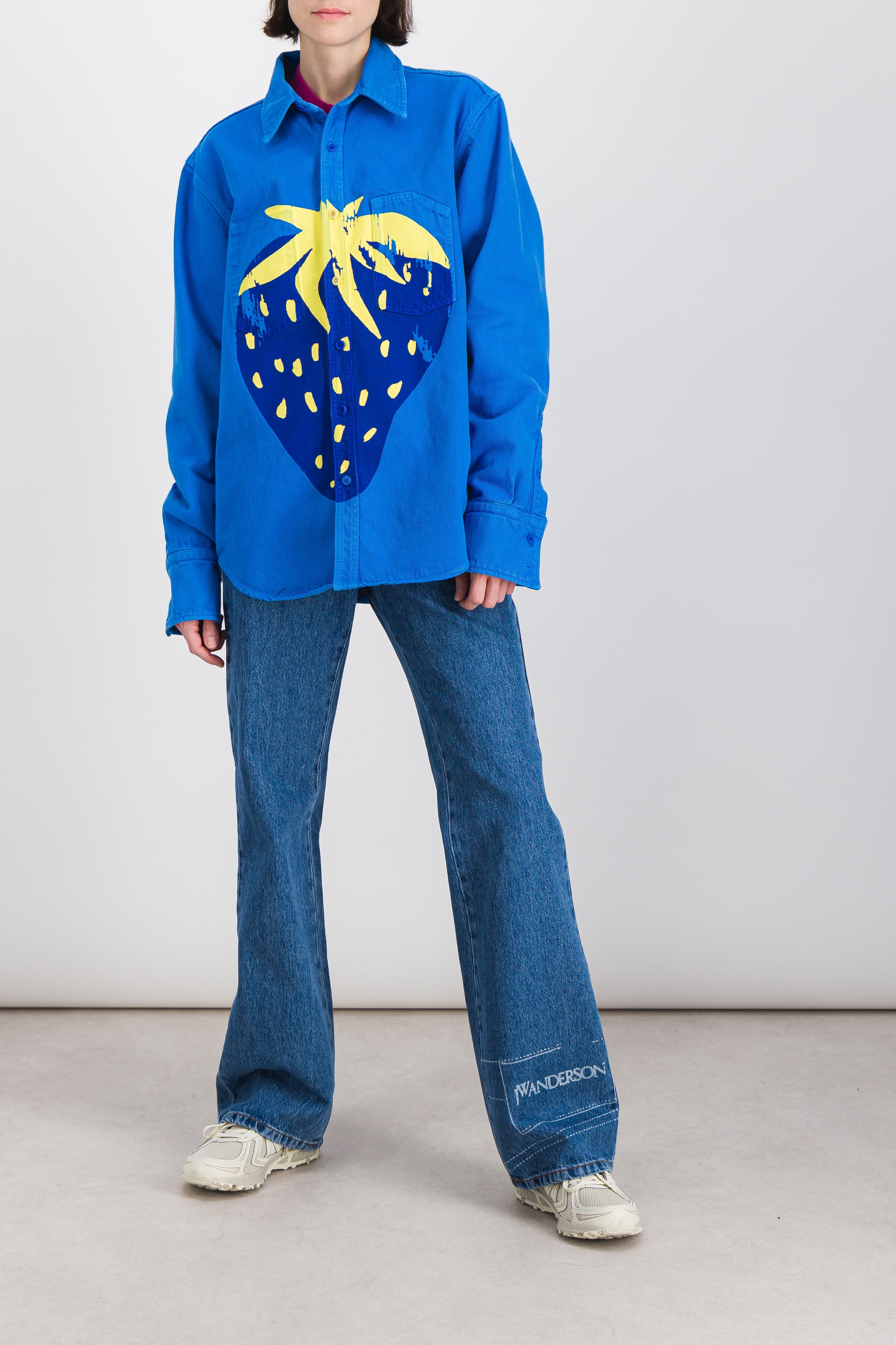 JW Anderson – Wide raw denim strawberry print shirt – Renaisa