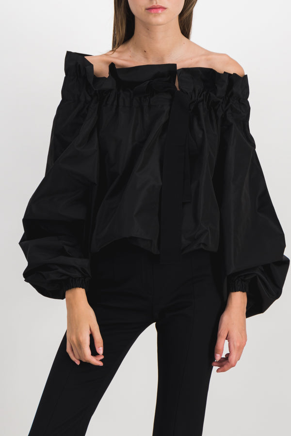 Black gros grain long-sleeved taffeta blouse