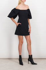 Drawstring mini dress with puff sleeves