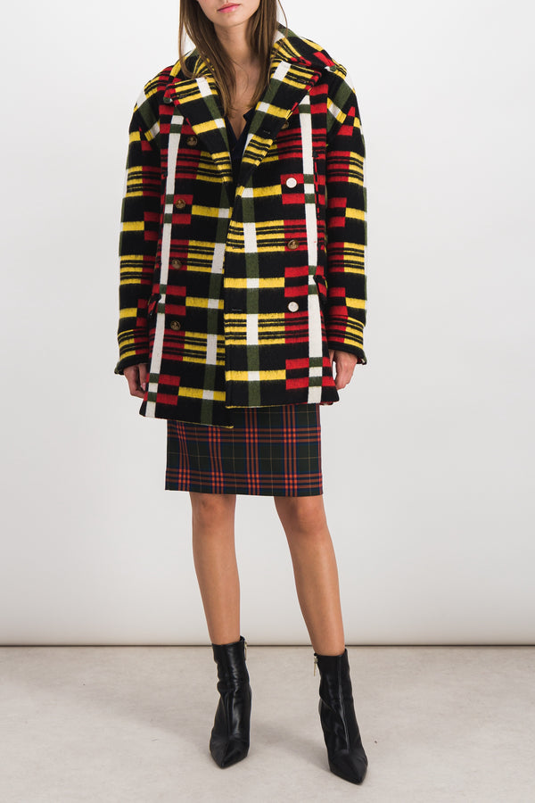 Oversize peacoat with multicoloured stripe pattern