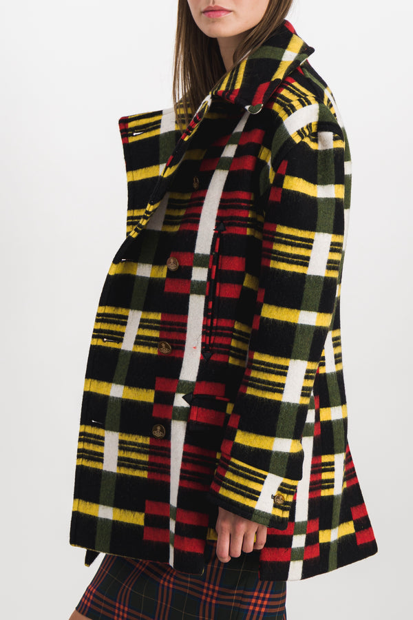 Oversize peacoat with multicoloured stripe pattern