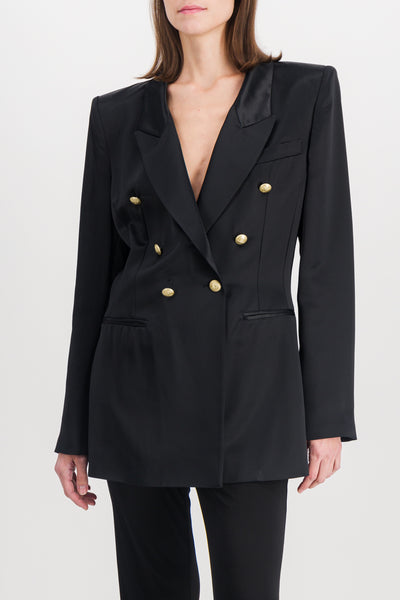 V-neck tailored satin blazer with golden buttons