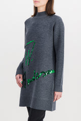 Long sleeve sequins logo knit mini dress