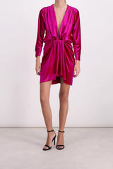 Deep v neck long sleeve draped velvet mini dress