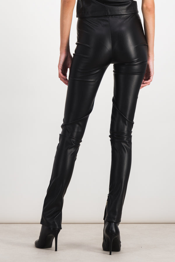 Vegan leather long slim pants with slit