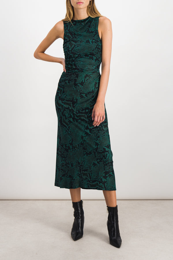 Asymmetric green snake printed sleeveless draped maxi dress