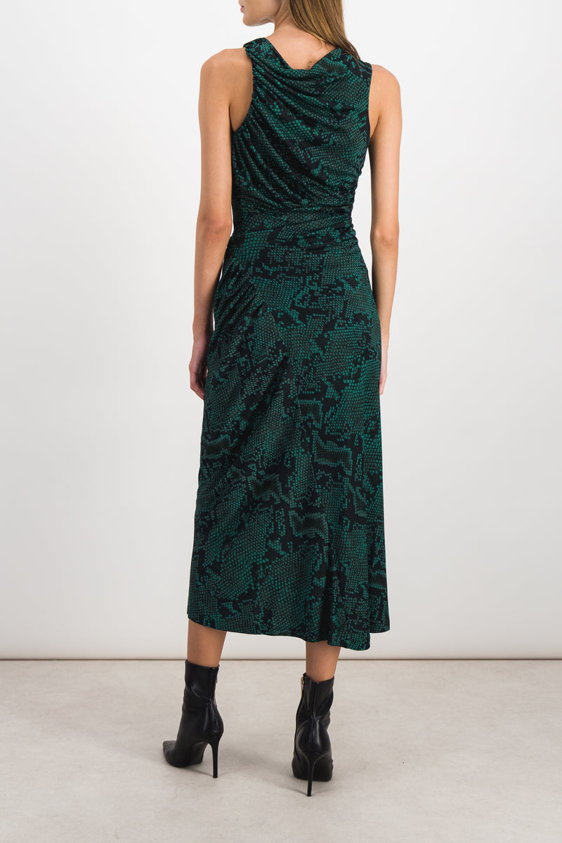 Atlein - Asymmetric green snake printed sleeveless draped maxi dress