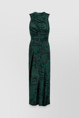 Asymmetric green snake printed sleeveless draped maxi dress