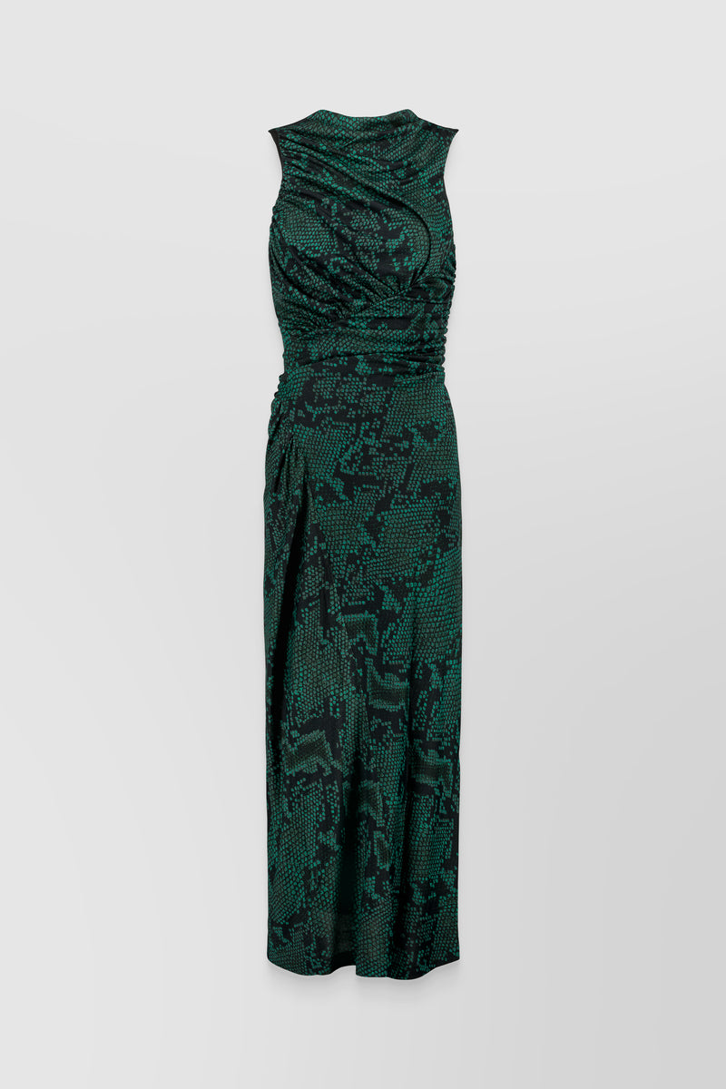 Atlein - Asymmetric green snake printed sleeveless draped maxi dress