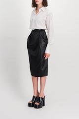 Vegan leather draped pencil midi skirt