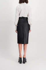 Vegan leather draped pencil midi skirt