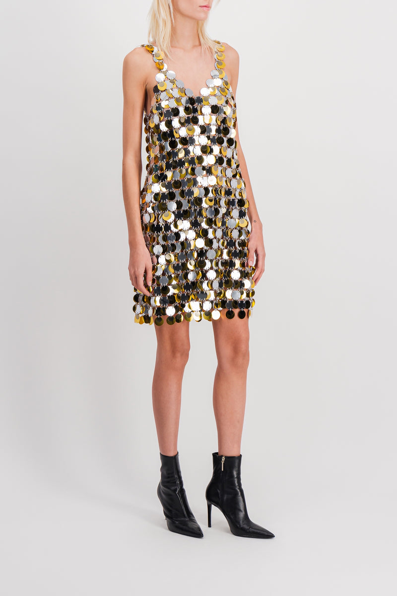 Paco Rabanne – Silver-gold sparkle v-neck mini dress – Renaisa