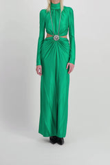 Draped cut-out maxi dress with crystal brooch