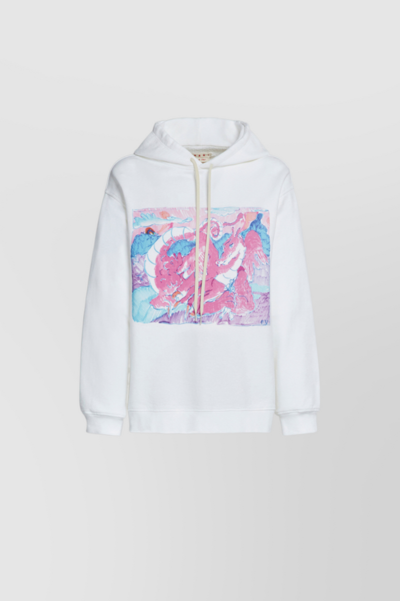 Marni - White drawstring hoodie with dragon print