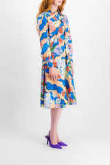 Multi color printed pleated A-line midi skirt