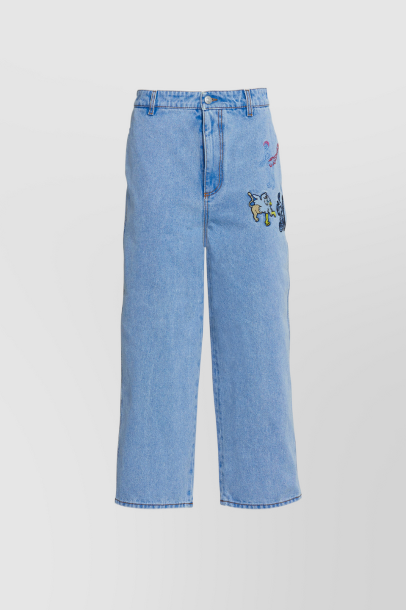 Marni - Wide-leg cropped light blue jeans with embroidered motifs