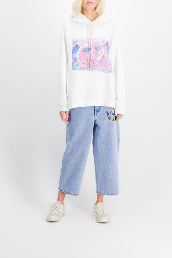 Wide-leg cropped light blue jeans with embroidered motifs