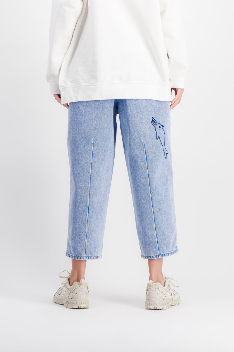 Marni - Wide-leg cropped light blue jeans with embroidered motifs