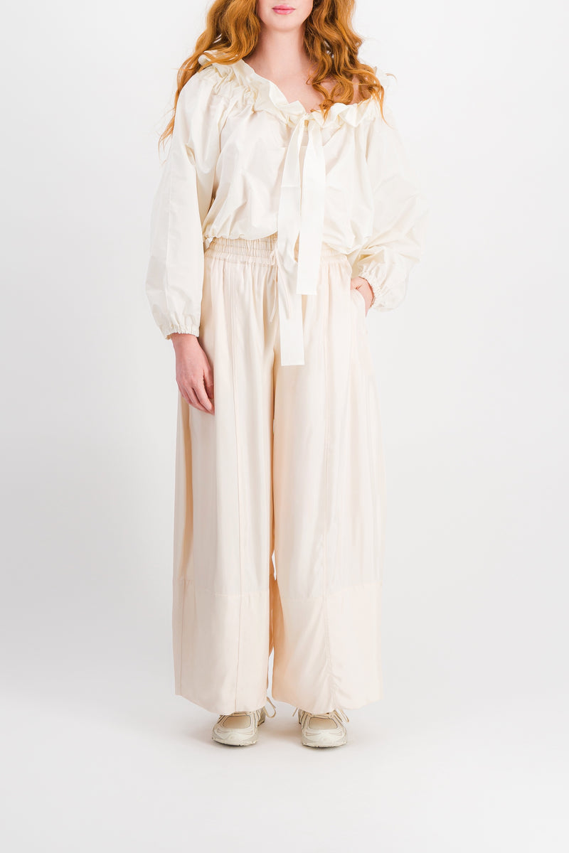 Jil Sander - Ivory extra wide leg pants in fluid washed viscose with drawstring wide belt