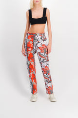 Flower printed straight leg cotton pants