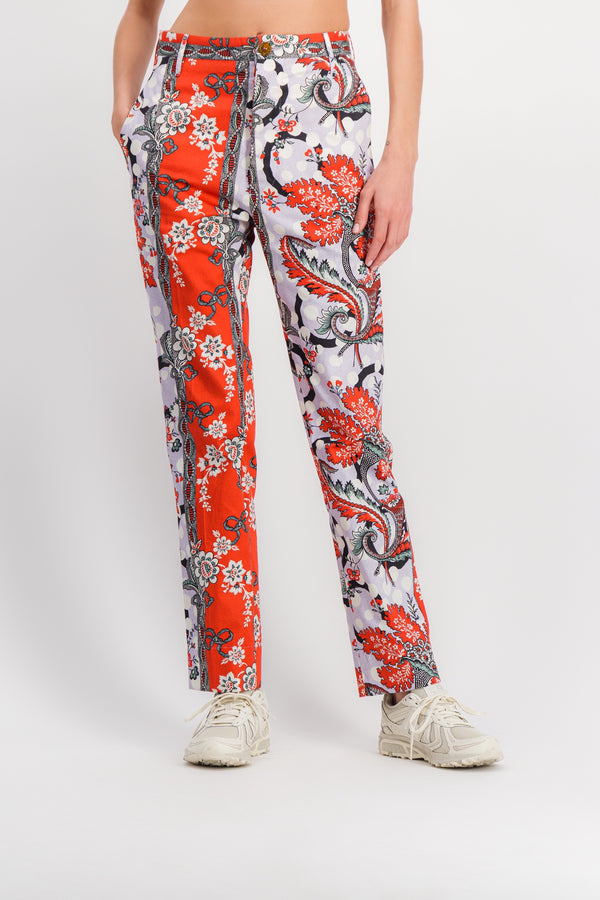 Flower printed straight leg cotton pants