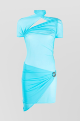 Asymmetric draped mesh mini dress