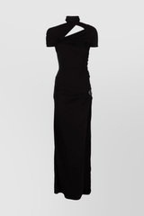 Black asymmetric draped maxi dress with side slit