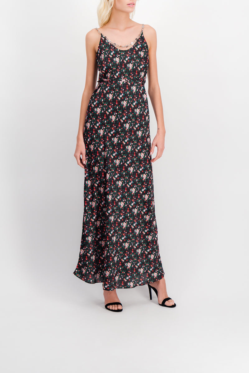 Paco Rabanne - Floral print fluid maxi dress with chain-link