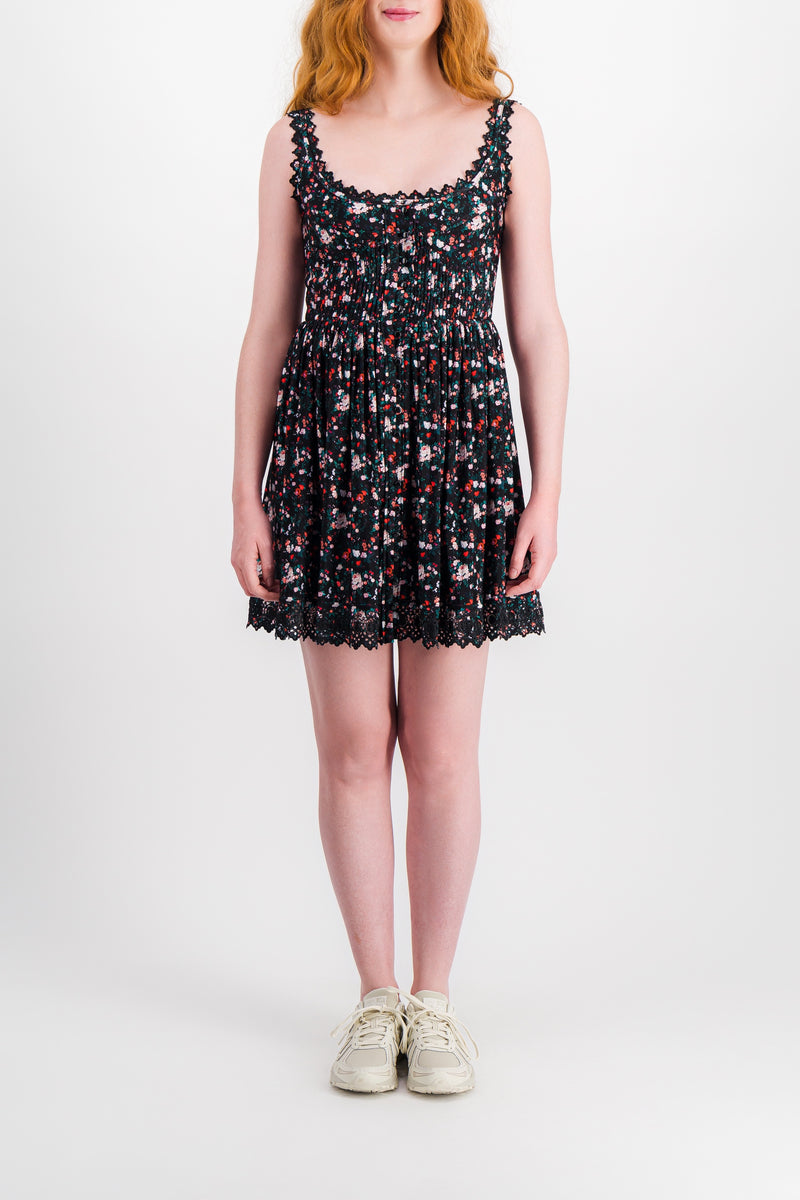 Paco Rabanne - Flower printed mini dress with elasticated waist and lace details