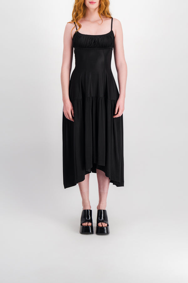 Fluid satin midi dress with fluted skirt