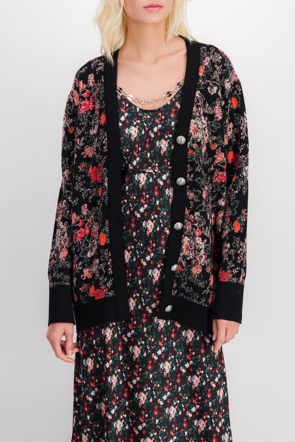 Loose v-neck knit jacquard flower cardigan