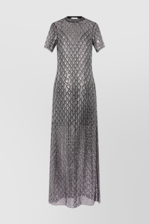 Black-silver knit short sleeved maxi dress