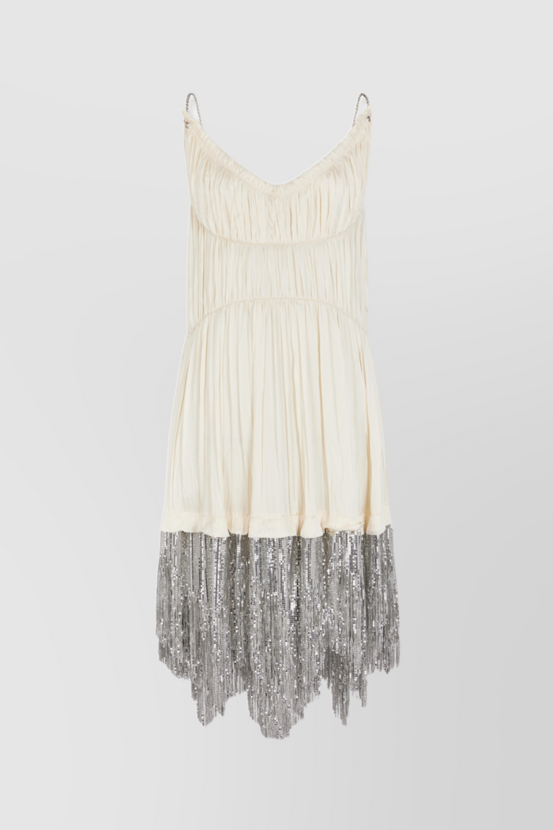 Paco Rabanne Pleated satin mesh mix mini dress Renaisa Paco Rabanne Pleated satin mesh mix mini dress Renaisa