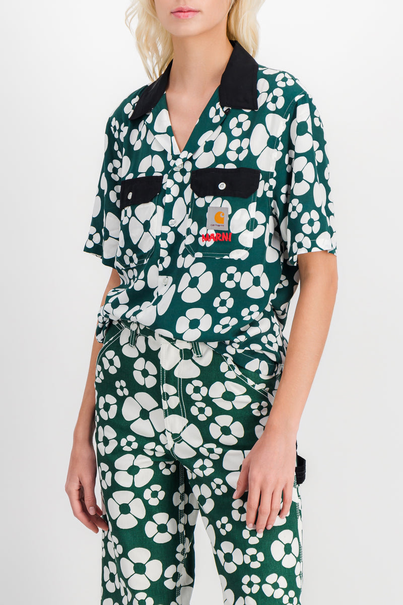 Marni - Flower printed green short sleeved boyfriend shirt