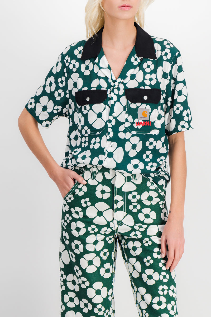 Marni - Flower printed green short sleeved boyfriend shirt