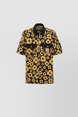 Flower printed yellow-black short sleeved boyfriend shirt