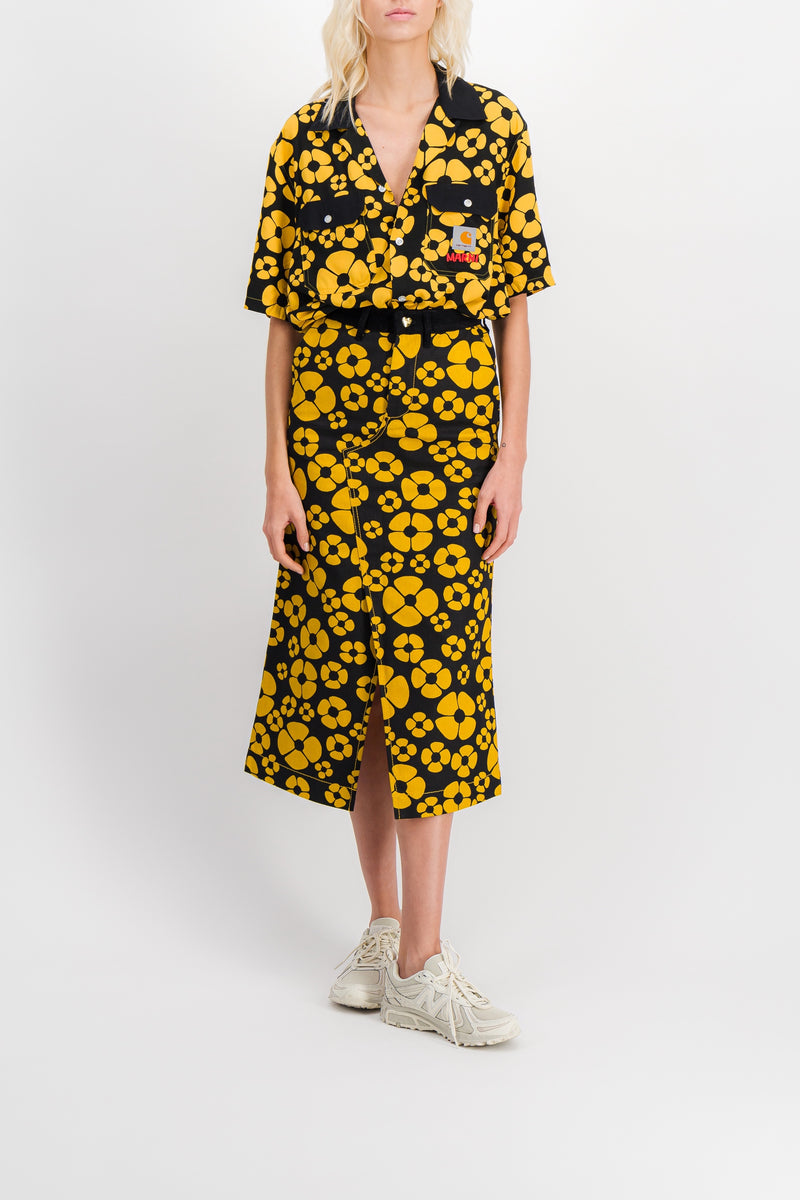 Marni - Flower printed yellow-black short sleeved boyfriend shirt