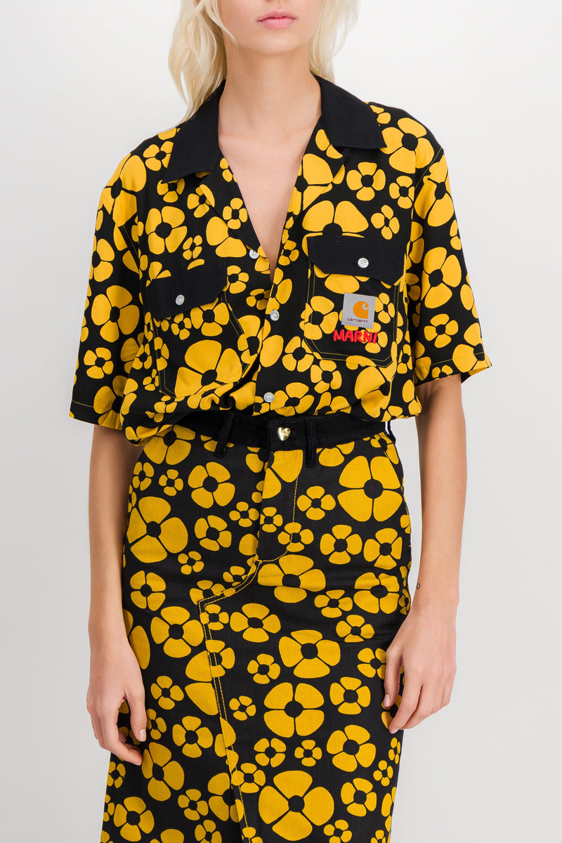 Marni - Flower printed yellow-black short sleeved boyfriend shirt