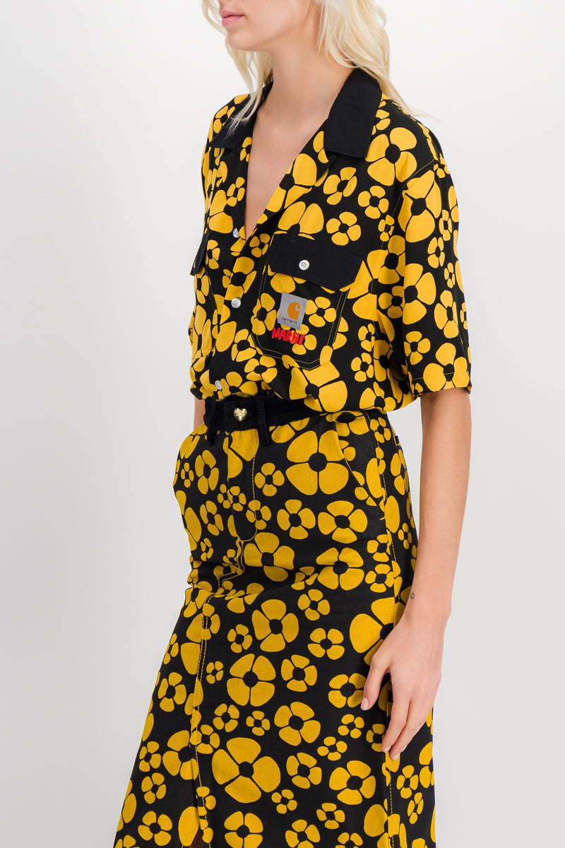 Marni - Flower printed yellow-black short sleeved boyfriend shirt