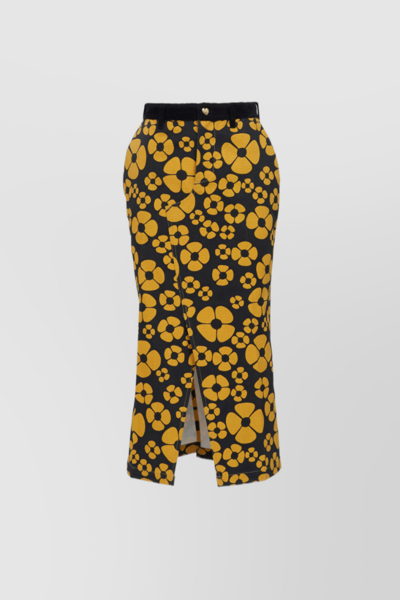 Marni - Yellow-black flower printed midi skirt with front slit