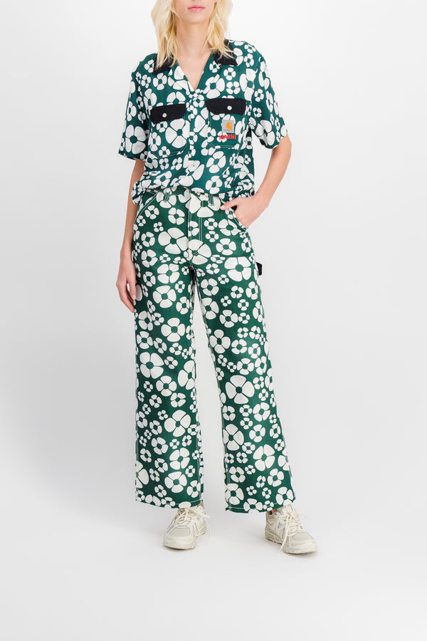 Flower printed green straight leg pants