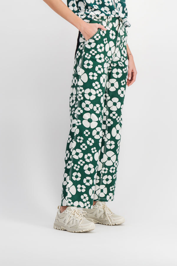 Flower printed green straight leg pants