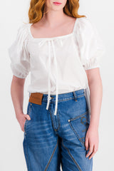 White gros grain cropped voluminous cotton blouse