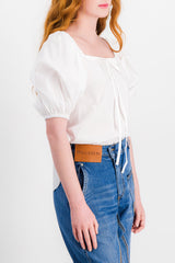 White gros grain cropped voluminous cotton blouse