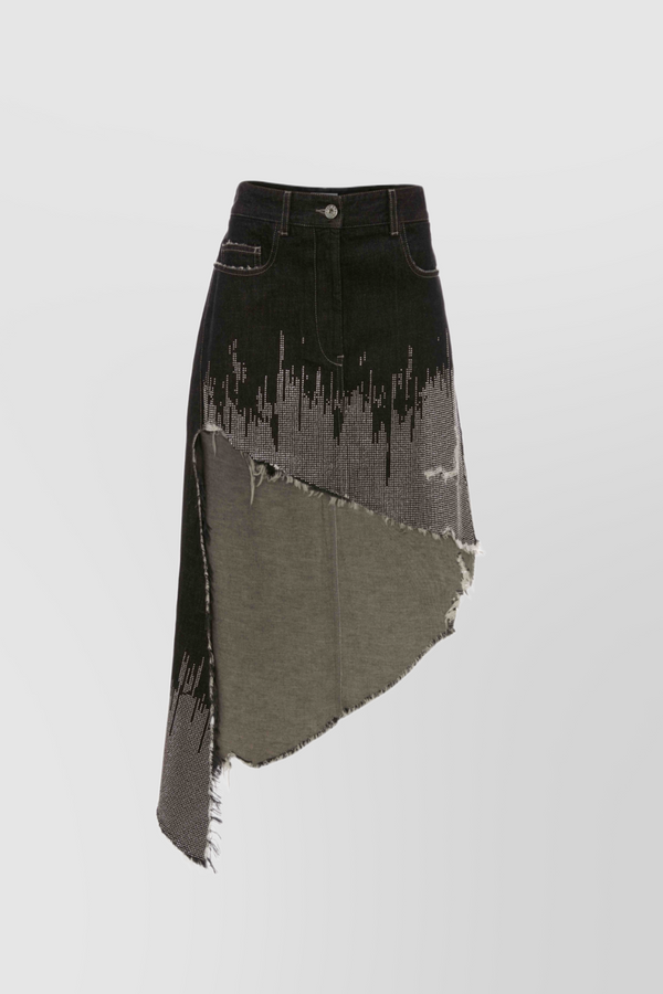 Asymmetric studded denim skirt