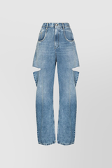5-pocket tapered wide leg cut out denim trousers in light blue