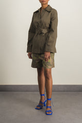 Military-printed low waist canvas bermuda