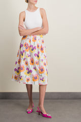 Pleated cotton midi-skirt with pansies flower print