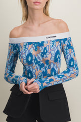 Off-the-shoulders jersey stretch bodysuit with Devereaux flower all over