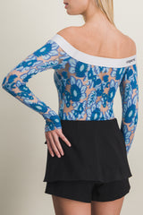 Off-the-shoulders jersey stretch bodysuit with Devereaux flower all over